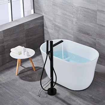 Tuqiu Siyah Küvet Musluk Krom Zemin Standı küvet mikseri 360 Derece Rotasyon Bacalı Elduşlu Kafa Banyo Bataryası Duş