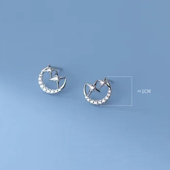 WANTME 925 Ayar Gümüş Basit Kore Parlak Yıldız Ay CZ Zirkon Küçük Damızlık Küpe Kadınlar için Moda Tatlı Parti Takı