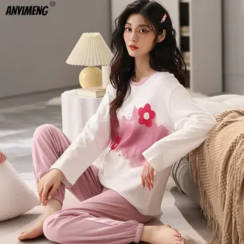 Yeni Bahar Sonbahar Kış Moda Pijama Tavşan Baskı Yumuşak Pamuk Kadın Pijama Pembe Ekose Pantolon Gecelik Eğlence Pijamas