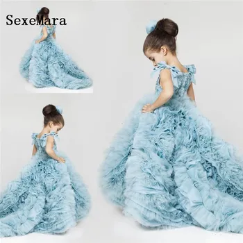Yeni Güzel Çiçek Kız Elbise Dantelli Katmanlı Buz Mavisi Kabarık Kız Elbise Düğün Parti Törenlerinde Artı Boyutu Pageant Elbise