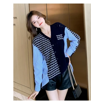 Yeni Moda Kadınlar 2021 Sonbahar Gevşek Rahat V Boyun Hırka Patchwork Örme Kazak Ceket Kore Moda Sueter Tops