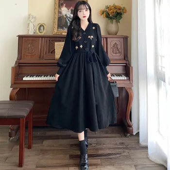 Yeni Sonbahar Kış V Yaka Örme Dikiş Çiçek Nakış Retro Elbise Kadın Giyim Büyük Boy Bel Siyah Elbise jp515