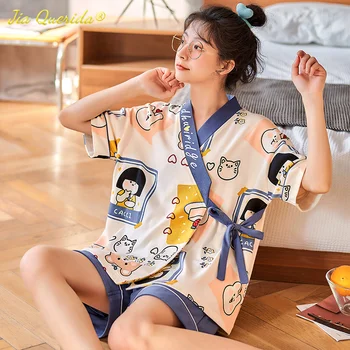 Yeni Yaz Moda Örme Pamuklu kadın Pijama Kawaii Kedi Baskı Pijama Kimono Gevşek Eğlence Pijama Genç Kızlar için