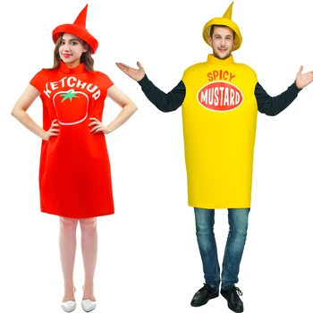 Yeni özelleştirilmiş ücretsiz boyutu ketçap domates Kostüm baharatlı hardal Kostüm İle Şapka üst kostümleri Cadılar Bayramı Çiftler kostümleri