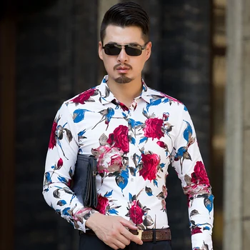 Yüksek kaliteli erkek ilkbahar ve sonbahar uzun kollu gömlek çiçek baskı gömlek uzun kollu moda rahat Hawaii gevşek artı boyutu 7XL