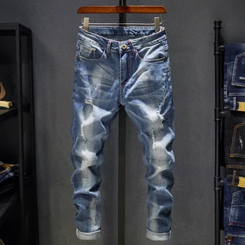 Yırtık Kot Erkekler Slim Fit Açık Mavi Streç Moda Streetwear Yıpranmış Hip Hop Sıkıntılı Rahat Kot Kot Pantolon Erkek Pantolon