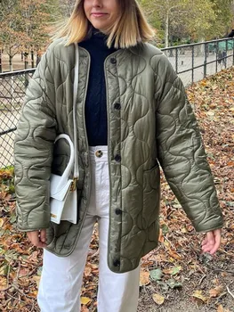 ZXQJ Kadınlar Yeşil Kapitone Parka 2021 Sonbahar Kış Moda Bayanlar Gevşek Düğme Giyim Kadın O Boyun Büyük Boy pamuklu ceket