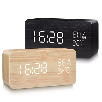 Çalar saat LED Dijital Ahşap USB/AAA Powered Masa Saati Sıcaklık Ve nem ölçer Ses Kontrolü Erteleme Masa Saatleri