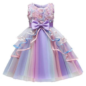 Çiçek Kız Elbise Düğün İçin Çocuklar Gökkuşağı Yay Yeni Yıl Karnaval Peri Vestido Fantezi Kız Doğum Günü Partisi Prenses Kostümleri