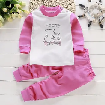Çocuk Erkek Kız Pamuk Pijama Setleri Sevimli Karikatür Baskı Uzun Kollu O-Boyun T-Shirt Pantolon Sonbahar Bebek Kız Giyim Seti