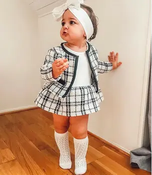 Çocuklar Bebek Kız Pageant Ekose Ceket ve Tutu Elbise parti kıyafetleri Giysileri 2 ADET Toddler Kız Takım Elbise Sonbahar Kış Seti