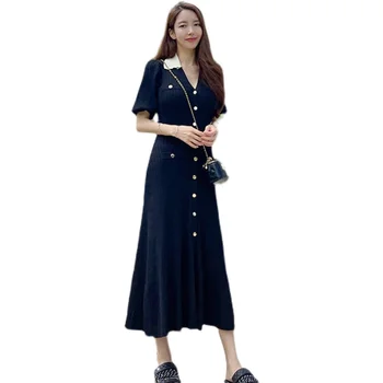 Şık Kore Örme Kadınlar uzun elbise Yaz V Yaka Tek göğüslü Kısa Kollu Maxi Elbiseler Zarif Vintage Bayanlar Vestidos